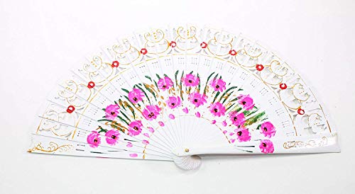 We Pay Your Sales Tax Asian Style Folding Fans Double Sided Wooden Spanish Floral Print Design Hand Fan Party Decoration Gift Idea Indoor Decor (White) #TOP4