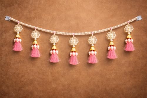 Image of Handcrafted Pearl Lotus Door Toran | 3 Feet Decorative Bandhanwar with Pink Tassels | Traditional Wall Hanging for Main Door, Pooja, Diwali, Wedding & Griha Pravesh