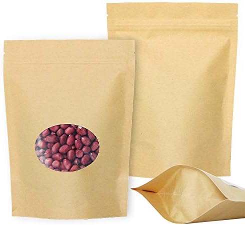 SumDirect 50Pcs 14x19cm Kraft Stand Up Food Bags, Zip Lock Reusable Packing Pouches with Transparent Window and Tear Notch Thicken Heat Sealable, or Storing, Cookie, Snack Tea and Drinking