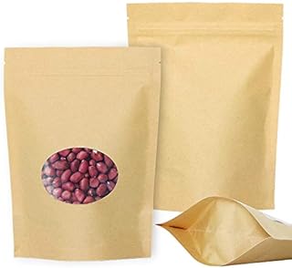 SumDirect 50Pcs 14x19cm Kraft Stand Up Food Bags, Zip Lock Reusable Packing Pouches with Transparent Window and Tear Notch Thicken Heat Sealable, or Storing, Cookie, Snack Tea and Drinking