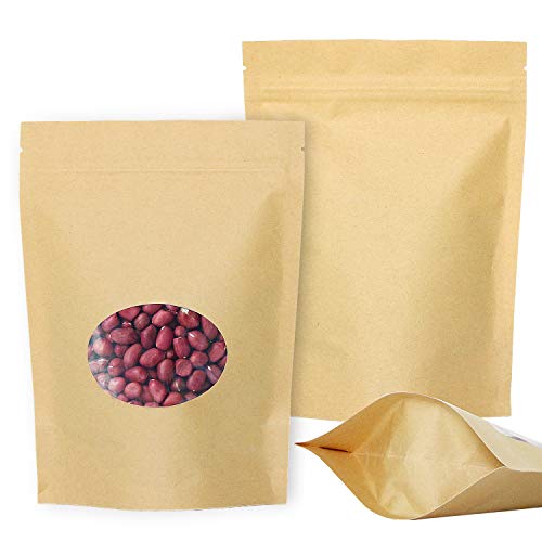 SumDirect Kraft Paper Bags Zip Lock Stand-up Reusable Sealing Food Pouches with Transparent Window and Tear Notch for Storing,Cookie,Dried Foods,Snack,5.5x 7.4 inches,4.4oz,Pack of 50