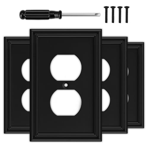 Matte Black Decorative Outlet Covers Wall Plates Natural Material Electric Receptacle Cover Switch Plate Outlet Cover - Modern Style (1 Gang Single Duplex 4 Pack)
