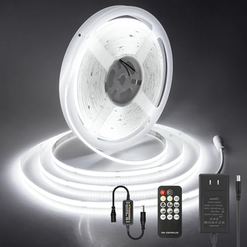 ALITOVE 32.8ft COB Led Strip Light White 6500K Super Bright 24V LED Rope Lights with Remote Dimmable 3200LEDs CRI90+ Uniform Glow LED Tape Light for Mirror Under Cabinet Living Room Study Wardrobe