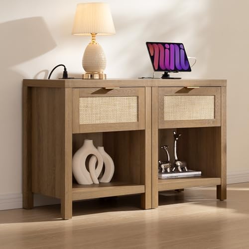SICOTAS Nightstands Set of 2 with Charging Station Rattan Night Stand with Drawer Boho Bedside Table with USB and Type-C Ports Bed Side Tables for Bedroom Small Space, Oak