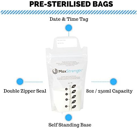 Breastmilk Storage Bags 120pc Set, Premium 250ml Pre-Sterilised Breast Milk Saver Bags, Extra Thick Leak Proof Design, BPA Free, Zipper Seal, Self-Standing, Best for Fridge & Freezer Containers