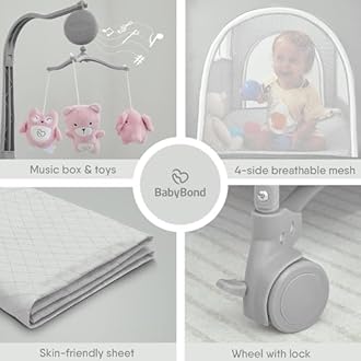 BabyBond Baby Bassinet Bedside Crib, Pack and Play with Sheet, Diaper Changing Table and Music Mobile from Newborn to Toddles, Portable Large Playard