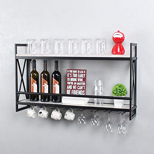 MBQQ Rustic Wall Mounted Wine Racks with 8 Stem Glass Holder,36in Industrial Metal Hanging Wine Rack,2-Tiers Wood Shelf Floating Shelves,Home Room Living Room Kitchen Decor Display Rack,Retro White