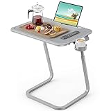 SAIJI Mesa Auxiliar, Mesa de Centro, Patas en Forma de U más estables, ángulo de Altura Ajustable, Ranura para Tableta, portavasos, 55 * 39 cm, Gris