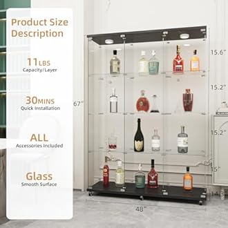 Beauty4U Glass Display Cabinet with LED Lights, Extra Large 3 Columns 2 Doors Curio Cabinets with 12 Shelves for Living Room, Bedroom, Office, Black Floor Standing DIY Glass Bookshelf