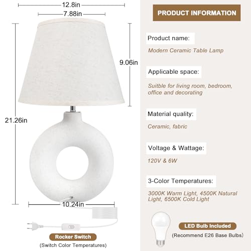 Boho 21 Ceramic Table Lamp for Living Room and Bedroom - Rustic White Bedside Light with 3 Color Temperatures (Bulb Included)