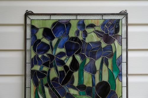 Handcrafted hanging stained glass window panel Iris Flowers, 20" x 34" HF448 - Thumbnail 6