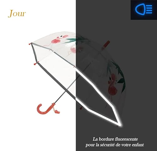Smartbulle Child Umbrella Transparent Birdcage - Fluorescent Border : Windproof; Diameter=71Cm; Manual Opening; Girl Umbrella; Design: Pink Flamingo #TOP2