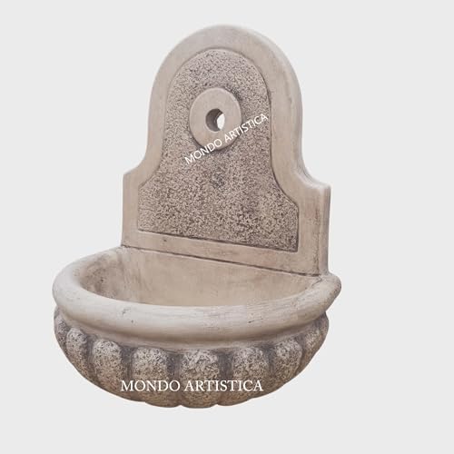 MONDO ARTISTICA Fontana da Parete Sospesa per Giardino, Cemento Bianco e Polvere di Marmo, Piccola, Per esterno altezza 48 cm