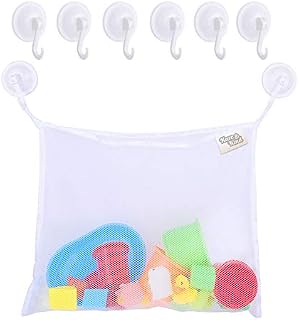 Kare & Kind Bath Toy Organizer Set - 2 Extra Large Mesh Bags - 6 Extra Strong Grip Lock Suction Cup Hooks (White) - Easy Storage of Bath Toys and Other Bathroom Items - Mesh Bags Allow Content to Dry