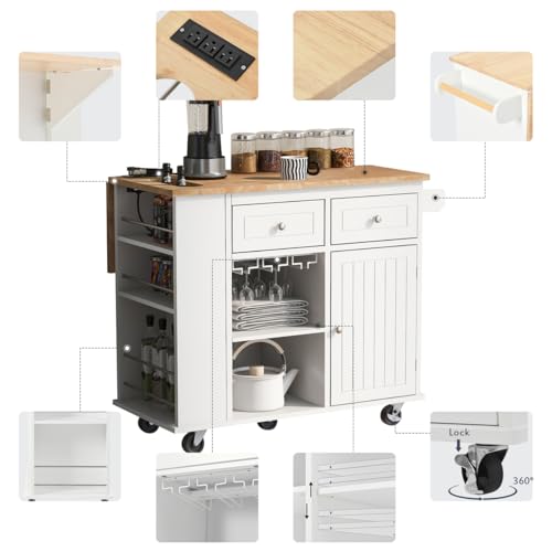 HOMIQUEEN Power Outlet Kitchen Island with Open Storage and Wine Rack, Kitchen Storage Island with Drop Leaf and 5 Wheels, Adjustable Storage for Kitchen Dining Room (White)