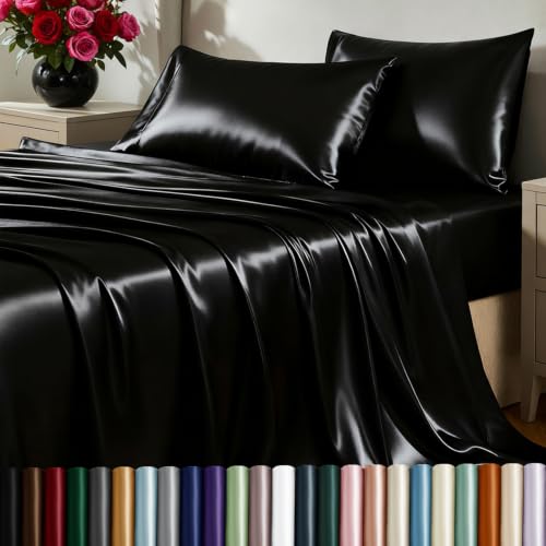 CozyLux Satin Sheets Full Size Sheets - Silky Soft Bedding Similar to Silk 4 Piece Sheet Set for Hair and Skin Deep Pocket with All-Around Elastic Home Decor for Bedroom Black
