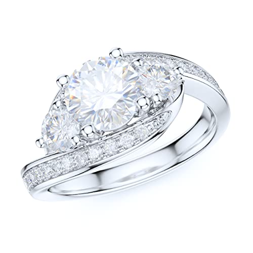Sterling Silver Fancy Split Three Stone Style Simulated Round Cut Diamond or Moissanite Promise Engagement Ring