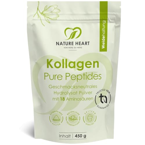 Nature Heart Kollagen Pure Peptides Pulver 450g – hydrolysiertes Kollagen Typ I aus Weidehaltung – geschmacksneutral, löslich mit über 91% Protein
