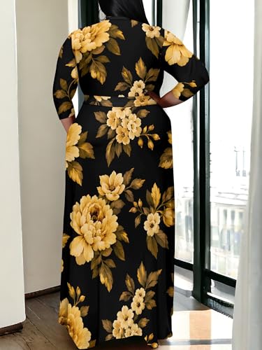 Image of PinkPatty Women's Plus Size Maxi Dress Print 3 /4 Sleeves V Neck Party Sundress Wedding Guest Dresses