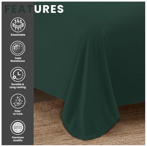 Non Iron Percale Flat Sheet King Size- Polycotton Anti Wrinkle Hotel Quality Bed Sheets- Luxury Bedding Plain Dyed Flat Sheet- Dark Green