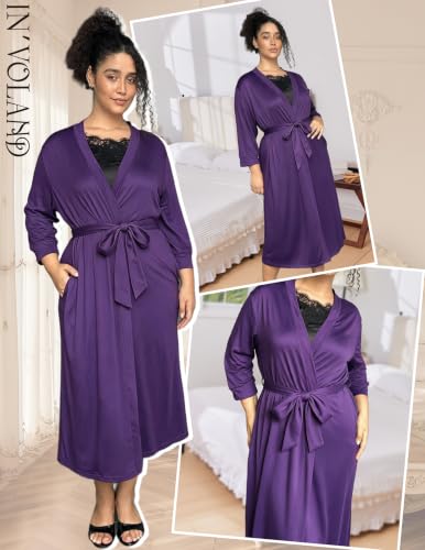 Image of IN'VOLAND Womens Plus Size Kimono Robes Long Knit Bathrobe Ladies Sleepwear