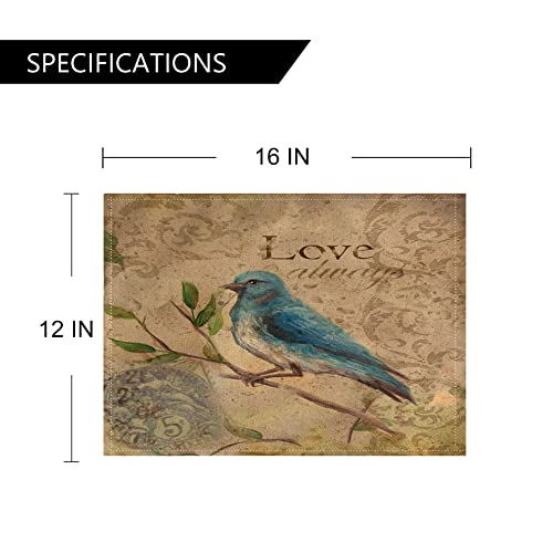 Bird Placemats Set Of 4 Vintage Style With Inspirational Words/Sing/Love/Dream/Fly Table Mats Waterproof Heat Resistant Washable Non-Slip Place Mats For Dinner Room Kitchen Decor Table 12”×16” #TOP1