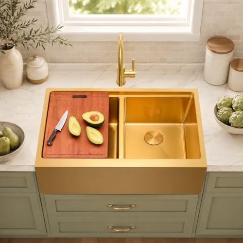 MILOSEN 28 Inch Gold Farmhouse Kitchen Sink - 50/50 Gold Double Bowl Apron Front Sink 28"x22"x10", 16 Gauge T304 Stainless Steel Deep Workstation Farm Sink with Integrated Ledge and Accessories