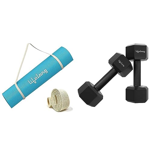 Image of Lifelong LLYM93 Yoga mat for Women & Men EVA Material 4mm Sea Blue Anti Slip for Gym Workout & Lifelong PVC Hex Dumbbells Pack of 2 (3kg*2) Black Color