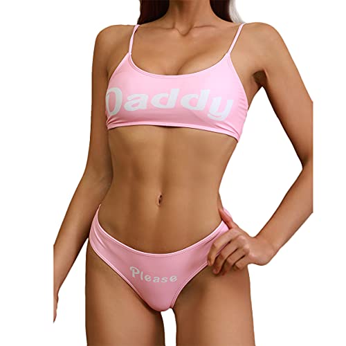 Women's Come Here Daddy Bra Crop Tops with Panty Set Teen Girl Adult Lingerie Set Japanese Anime Cosplay Underwear Sleepwear Pajamas Set 2 Pieces Strappy Bikini Set Swimsuit Bathing Suits Pink L