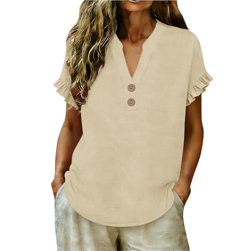 Cotton Linen Crewneck Tops for Women Ruffle Trim Peplum Blouse Short Sleeve Casual Stylish Tops Relaxed Fit Summer Clothes Beige