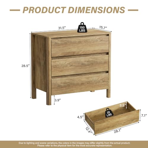 Image of Furniway Nightstands Set of 2, 31.5 inch Wide 3 Drawer Nightstand with Wood Legs, Mid-Century Modern Bedside Table with Storage, Wooden End Table for Bedroom, Natural Oak
