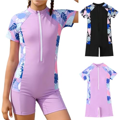 Swimming Costume for Girls One-Piece Rash Guard Swimsuits, Kids Quarter Zipper Short Sleeve Floral Bathing Suit Stretchy Comfy UPF 50+ Uv Protection Swimwear Black 10-11 Years