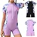 Girls Short Sleeve Rash Guard Zipper Front One Piece Swimsuits Patchwork Boyshorts Bathing Suit Swimwear for 4-13 Years