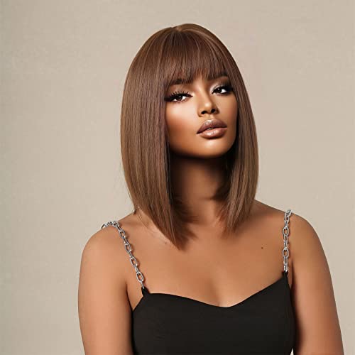 Testar Short Straight Bob Wig With Thick Bangs Chocolate Brown Wigs For Women Shoulder Length Heat Resistant Fiber Synthetic Hair Wigs Hair Replacement Natural Looking #TOP3