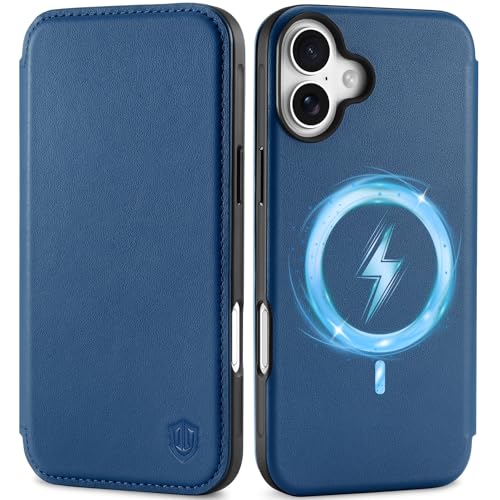 SHIELDON Case for iPhone 16 5G 2024, Genuine Leather Wallet Slim Book Flip RFID Blocking Card Slot Magnetic Shock Absorbing Wireless Charging Case Compatible with iPhone 16 6.1" - Royal Blue