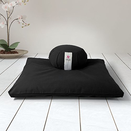 ZAFUKI Pack Zafu + Zabutón Negro Zen/Cojín para Yoga, Redondo/zafu/C