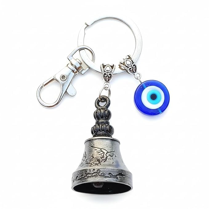 Image of Silver Guardian Bell Keychain for Bike & Motorcycle - Tibetan Lucky Charm with Evil Eye | Metal Rider Protection Bell | Biker Motorcycle Accessories Gift