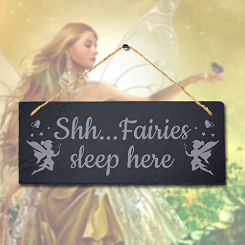 Stukk Meeting Place Hanging Sign Gift Garden Home Outdoor (Shhh Fairies Sleep Here), Natural Engraved Slate Stone Plaque