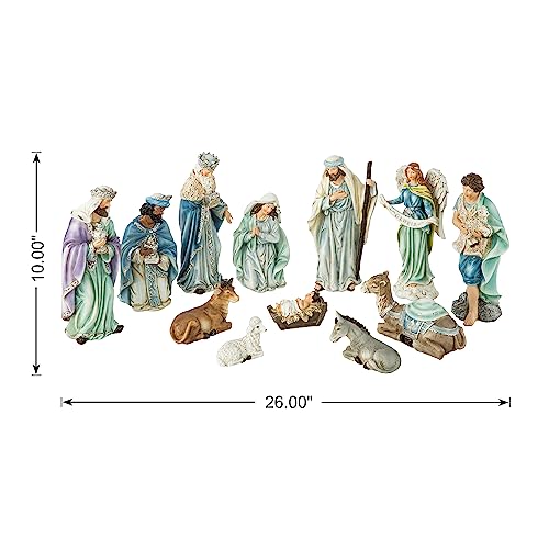 Image of Glitzhome 12Pcs Nativity Figurines Sets for Christmas Indoor, Deluxe Blue Resin Christian Nativity Set Xmas Nativity Scene Tabletop Ornaments Miniatures Statue Nativity Figures Collectible 10 inch x 26 inch