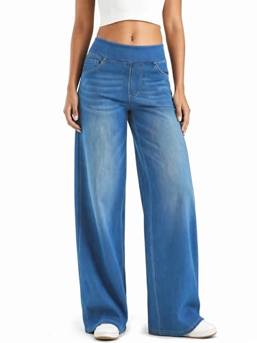 Image of High Waisted Flattering Jeans for Women, Denim Pants with Multiple Pockets, Wide Leg, Loose Fit, Stretchy Baggy, Straight Leg, Fashion Casual (UK, Alpha, M, Regular, Regular, Medium Light Blue)