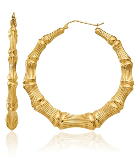 14K Solid Yellow Gold Bamboo Round Extra Large Hoop Earrings