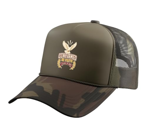 Confirmed in Faith Class of 2026 Confirmation Trucker Hat with Adjustable Mesh Back, Camo Green