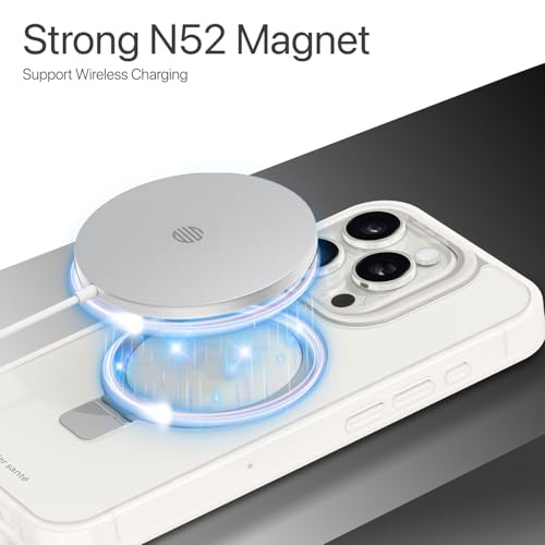 Image of eller sante Astros MagPro Back Cover Case for iPhone 15 pro with Magnetic Alloy Ring Metal Kickstand Scratch Resistant Slim Thin Military-Grade Protection Compatible with MagSafe - White