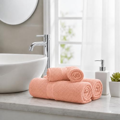 Image of Sulfar 100% Combed Cotton, Quick Drying Highly Absorbent Thick Bathroom Towels, Luxury Bath Towel Set (Pack of 4, 70 X 140 cm) - 600 GSM (Tender Peach)