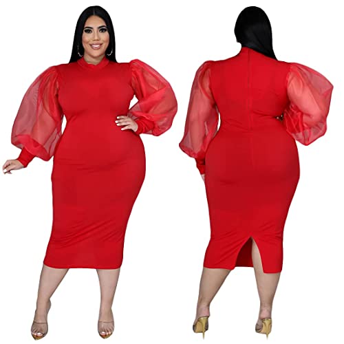 Oluolin Women's Elegant Plus Size Dresses Sheer Mesh Puff Sleeve Tunic Bodycon Pencil Midi Dress Red #TOP1