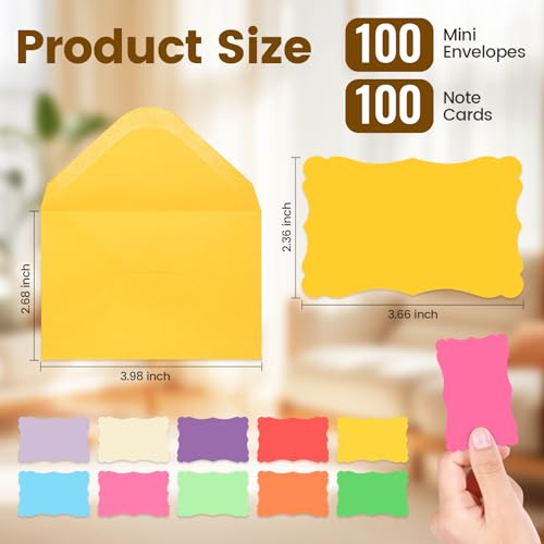 100 Pack Mini Cards with Envelopes, Small Colorful Blank Note Cards with Self-Adhesive Envelopes, Prayer Board Suppies, Tiny Business Card Envelopes(4 x 2.7 Inches, 10 Colors) (Multicolored)