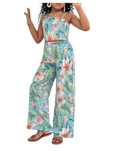 Image of Floerns Girl's 2 Piece Outfit Hawaiian Tropical Crop Cami Tops and Boho Pants Set