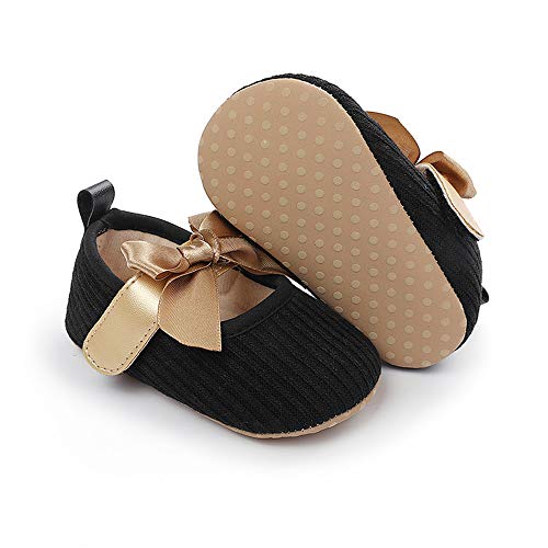 Bellocasa Baby Mary Jane Flats for Girls with Bowknot Cotton Anti Skid Sole Infant First Walker Princess Dress Crib Wedding Shoes (A/Black, 0_Months)