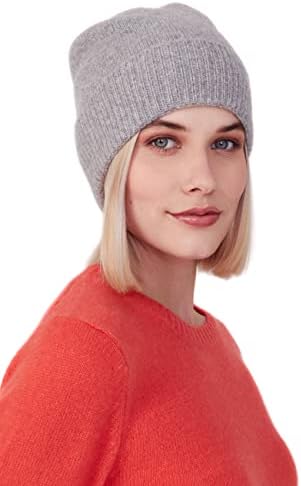 Style Republic Women’s Ribbed Cuff Beanie, Luxury Cashmere, Soft & Stretchy with Ribbed Edge, Warm Cozy Hat for Winter (Light Grey Melange)