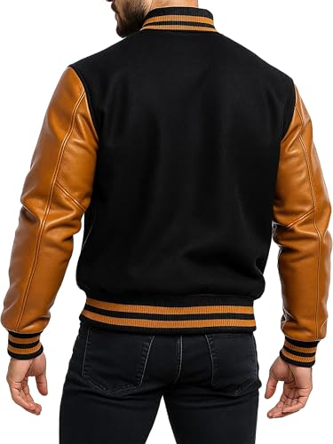 Image of Men Varsity Jacket College Baseball Letterman Wool Jacket Leather Sleeves